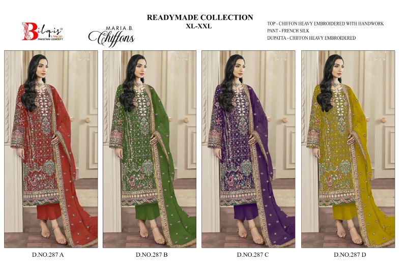 Bilqis B 287 A To D Nc Chiffon Embroidery Readymade Pakistani Suits 